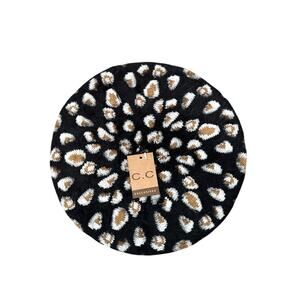 C.C | Leopard Print Fuzzy Beret Hat Rhinestone Studded Cozy NWT | One Size